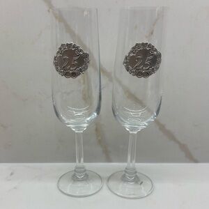 Vintage Pair of Silver 25th Anniversary Champagne Flutes Pewter Decal Germany